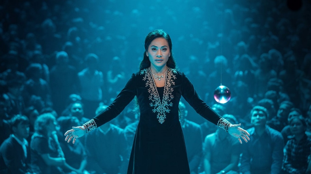 The Sacred Riana, magician known for her eerie stage persona, with text asking if she is truly possessed.