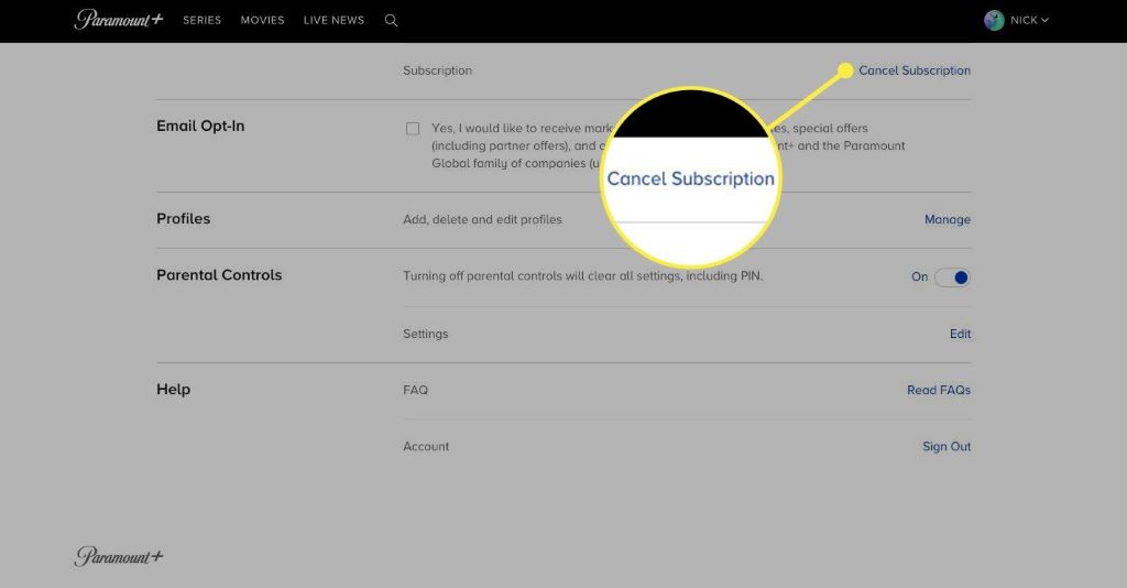Screenshot showing Paramount Plus subscription cancellation page with cancel button highlighted