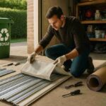 Old vinyl-backed garage door being prepared for recycling and eco-friendly disposal