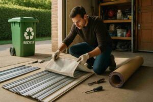 Old vinyl-backed garage door being prepared for recycling and eco-friendly disposal