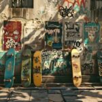 A vibrant 1970s-style skateboard deck with psychedelic graphics cruising a sunny urban street in 2025.