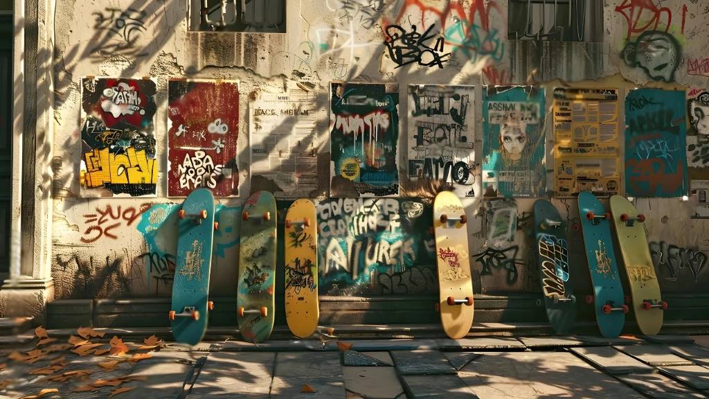 A vibrant 1970s-style skateboard deck with psychedelic graphics cruising a sunny urban street in 2025.