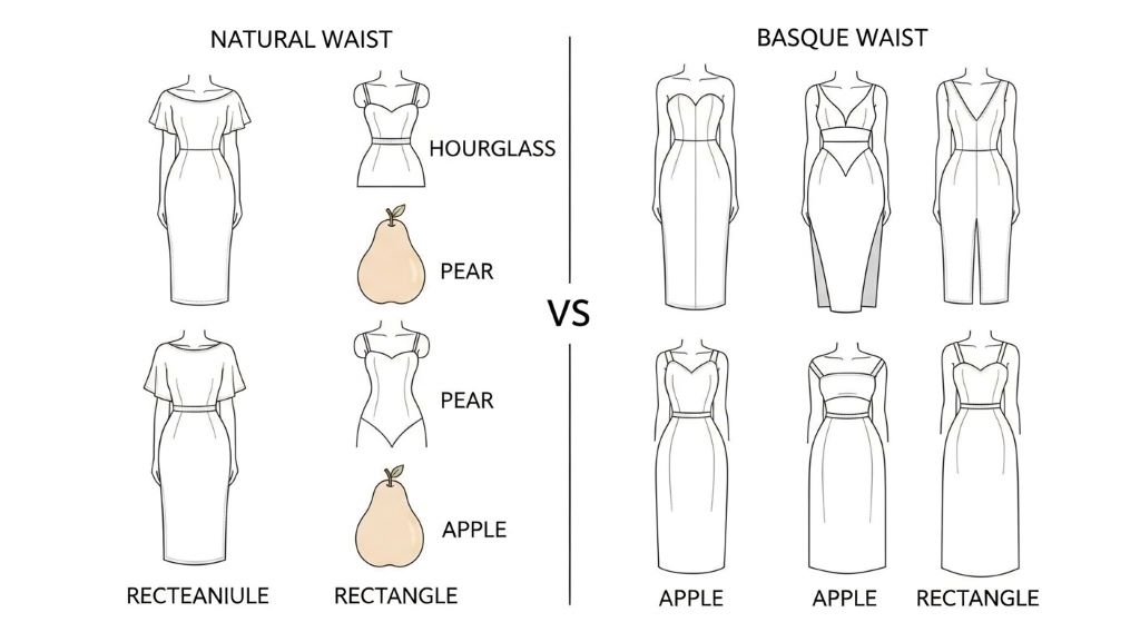 Comparison diagram showing natural waist and basque waist dress silhouettes on different body types