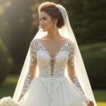 Bride wearing elegant basque waist wedding dress with dramatic V-shaped waistline and flowing skirt