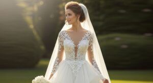 Bride wearing elegant basque waist wedding dress with dramatic V-shaped waistline and flowing skirt