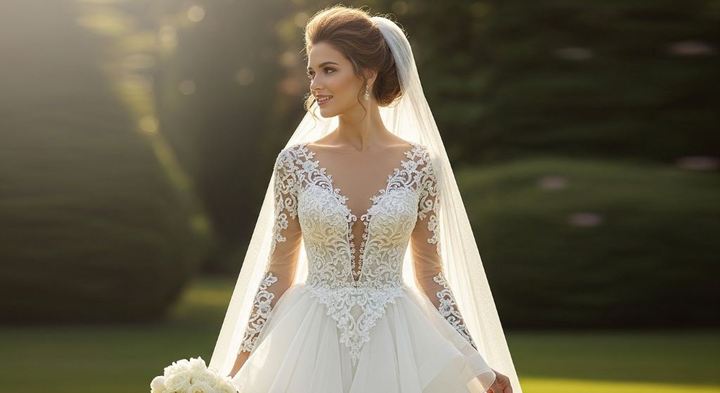 Bride wearing elegant basque waist wedding dress with dramatic V-shaped waistline and flowing skirt