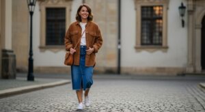 Woman wearing brown corduroy jacket with blue denim midi skirt and white sneakers