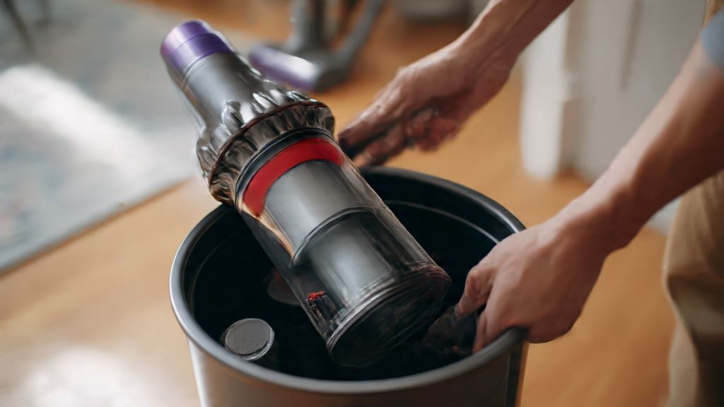 1. Person emptying Dyson stick vacuum dustbin over trash can during routine maintenance cleaning session