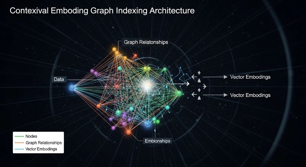 Diagram showing contextual embedding graph indexing architecture with vector embeddings and graph relationships connecting data nodes