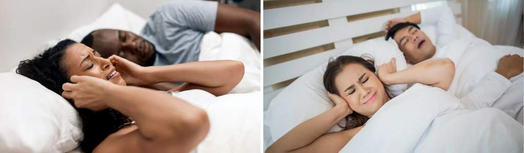 Happy couple sleeping peacefully, illustrating effective snoring solutions with elevation pillows.