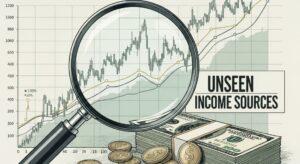 Illustration of a magnifying glass highlighting a stack of money labeled as unseen income sources on a financial chart