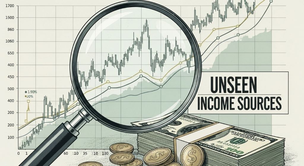 Illustration of a magnifying glass highlighting a stack of money labeled as unseen income sources on a financial chart
