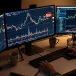 Trader analyzing swing trading charts on multiple computer monitors with technical indicators displayed