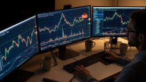Trader analyzing swing trading charts on multiple computer monitors with technical indicators displayed