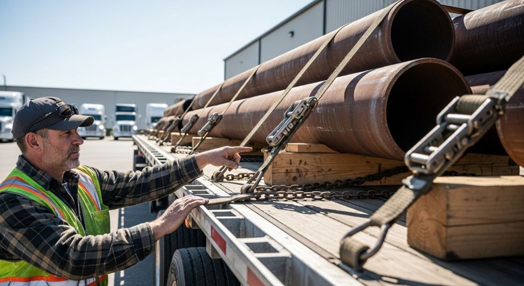 Commercial truck driver inspecting blocking materials and load securement on flatbed trailer