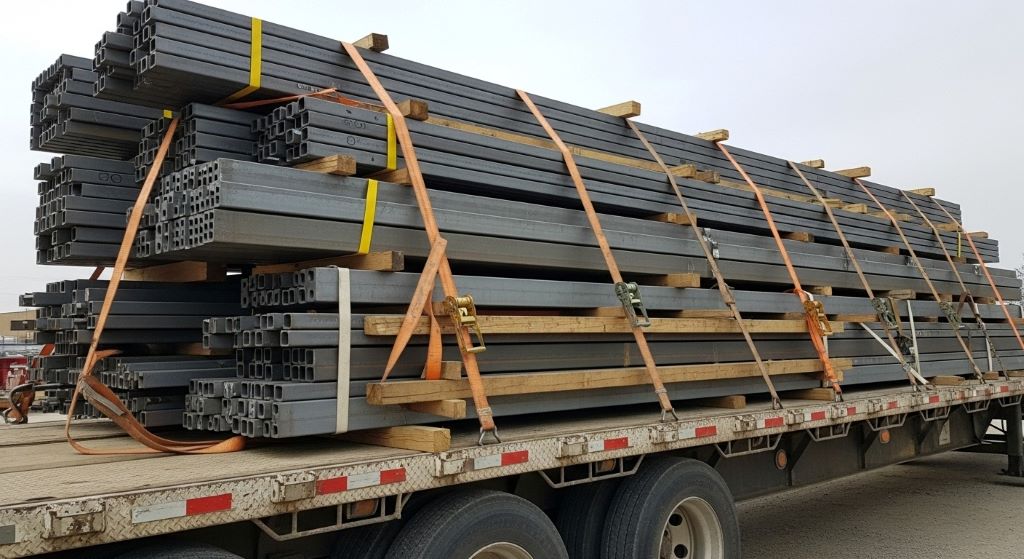 Flatbed trailer with steel cargo secured using blocking and bracing systems with tie-down straps