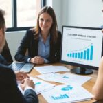 Business professional reviewing customer winback strategy charts and retention metrics on computer screen