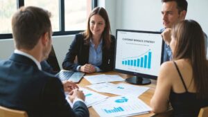 Business professional reviewing customer winback strategy charts and retention metrics on computer screen