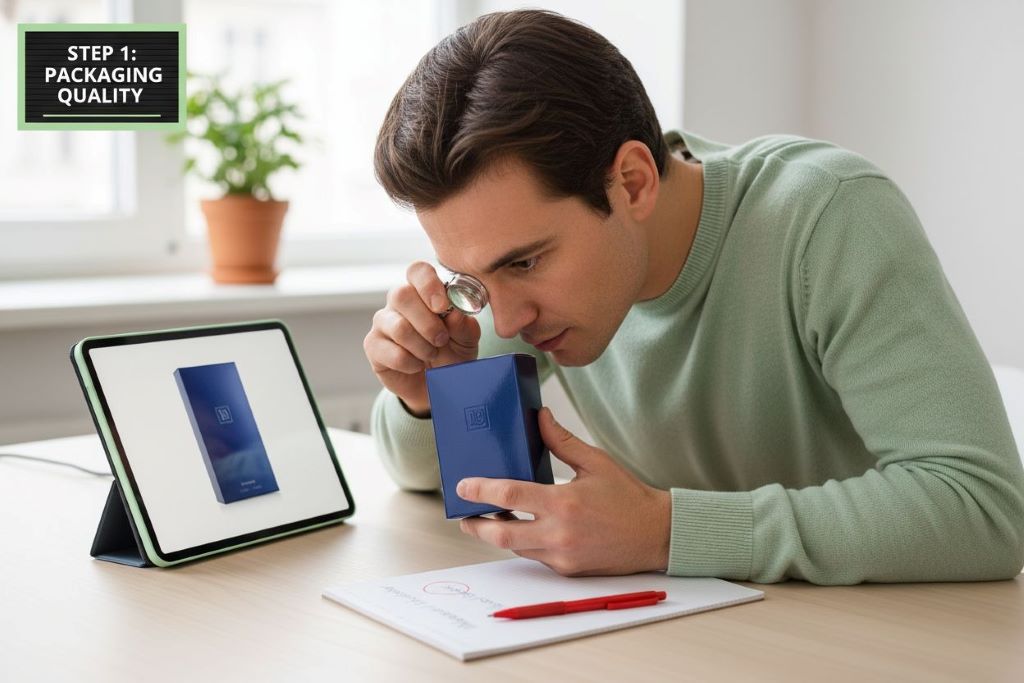 Detailed examination of luxury perfume authentication features including batch codes, bottle quality, and proper cellophane wrapping techniques