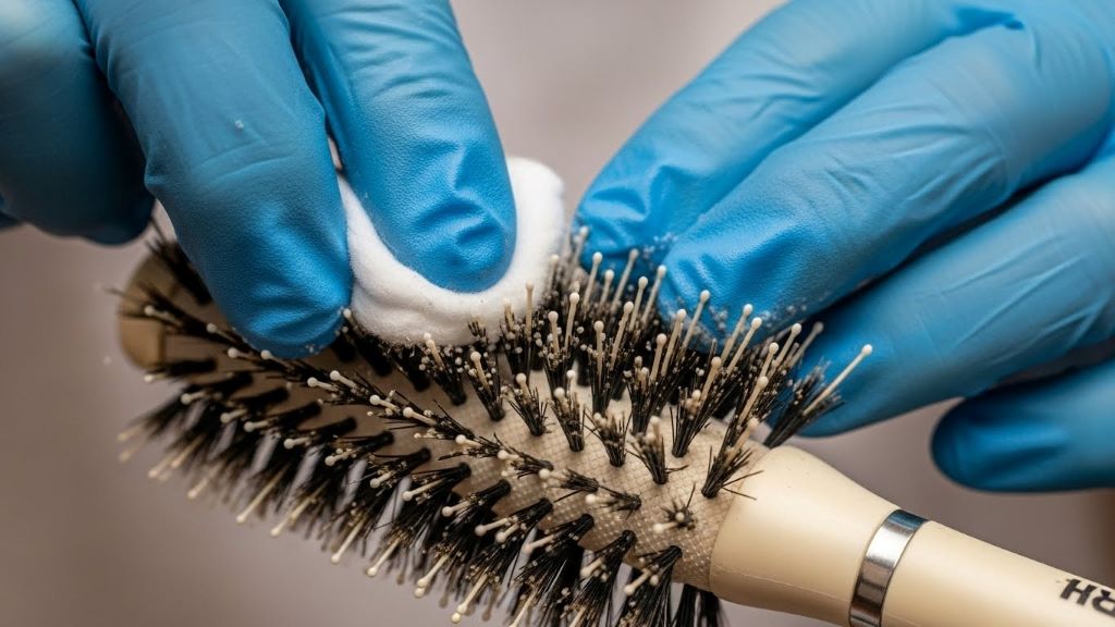 Hands wearing gloves cleaning hair brush bristles with alcohol to remove lice and nits