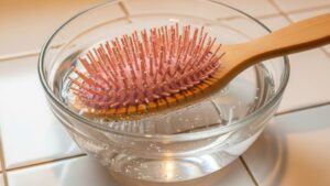 Clean hair brush being soaked in rubbing alcohol solution for lice sterilization treatment