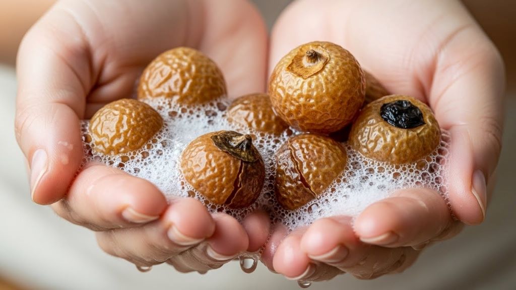 Hands holding soap nuts with natural lather demonstrating eco-friendly personal care and sustainable hygiene alternatives