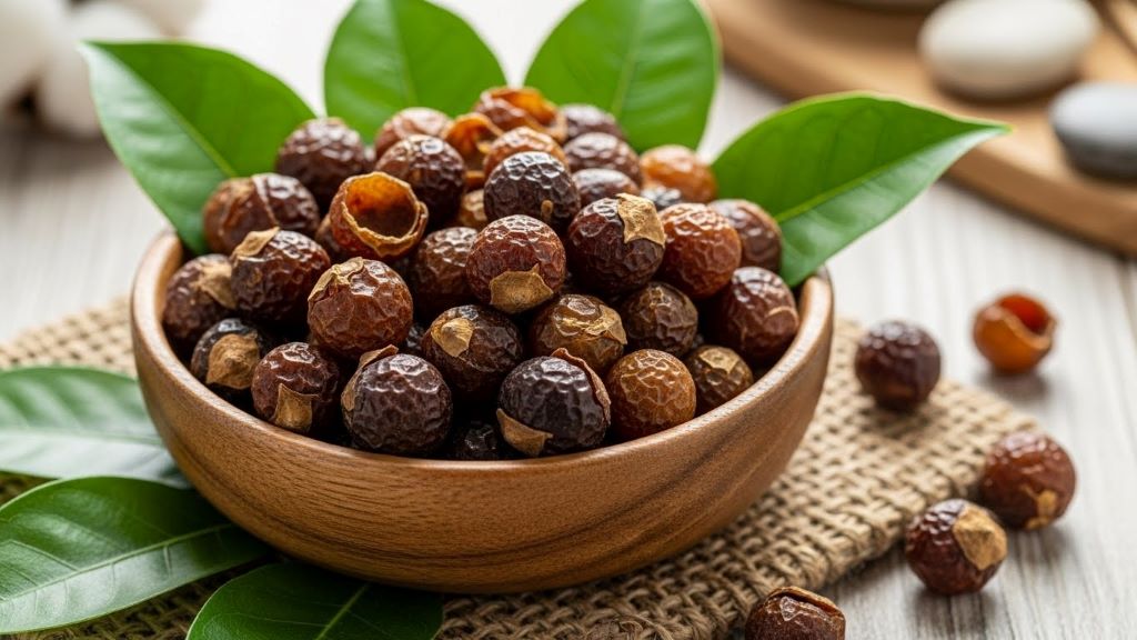 Dried soap nut shells in a wooden bowl with fresh green leaves on natural background showing sustainable personal hygiene products