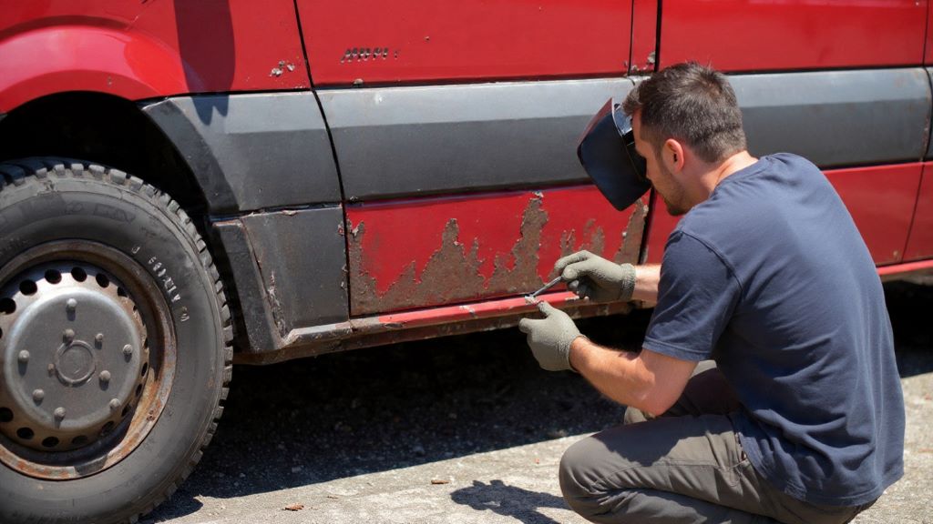 Professional mechanic repairing rust on Mercedes Sprinter van undercarriage with welding equipment
