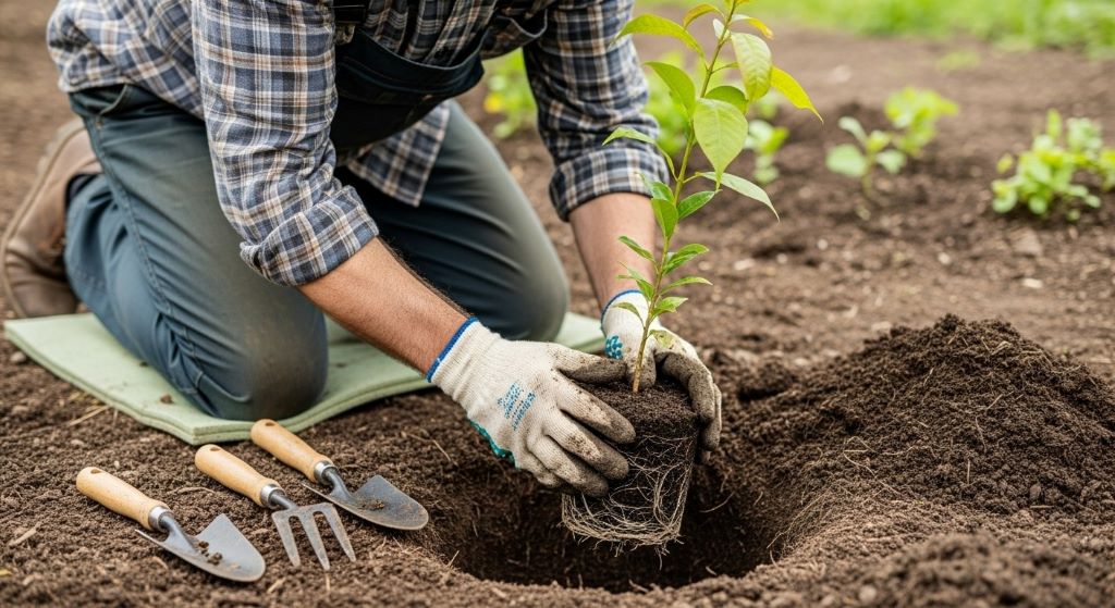 Gardener carefully transplanting plant to minimize root damage and stress