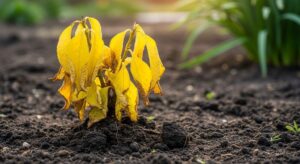 Plant with yellow leaves showing transplant shock symptoms in garden soil