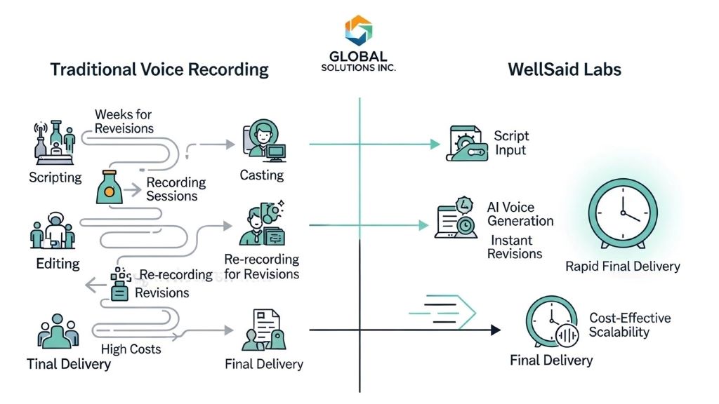 Comparison chart demonstrating traditional voice recording versus WellSaid Labs revision speed benefits for businesses