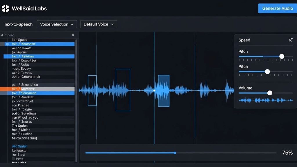 WellSaid Labs AI voice generation dashboard showing audio revision interface for enterprise users