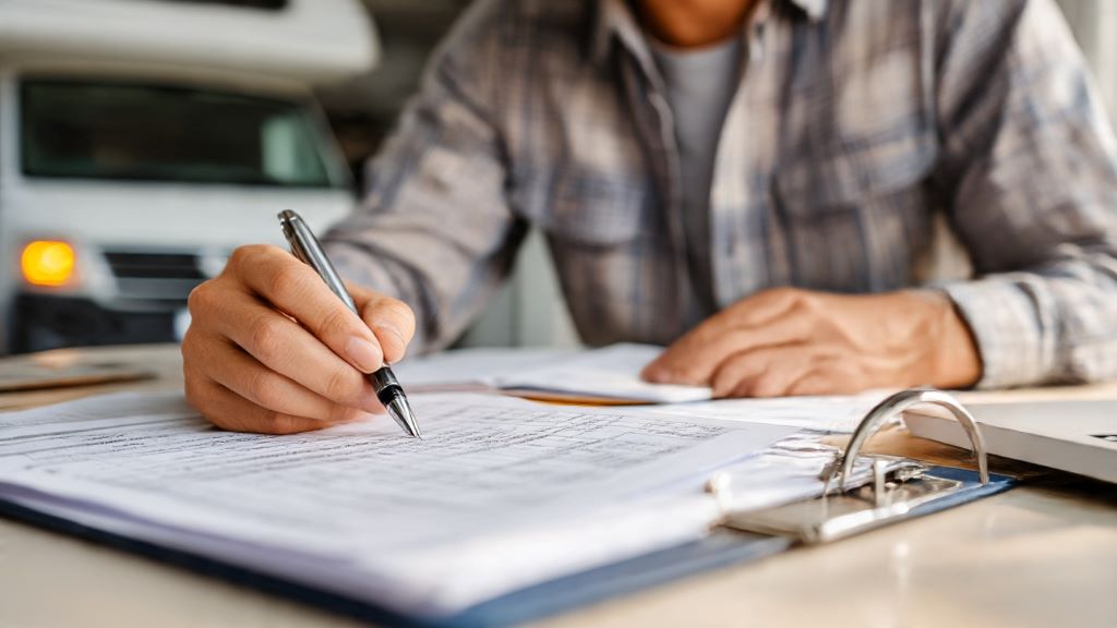 RV owner reviewing service records and warranty documents before selling motorhome to new buyer