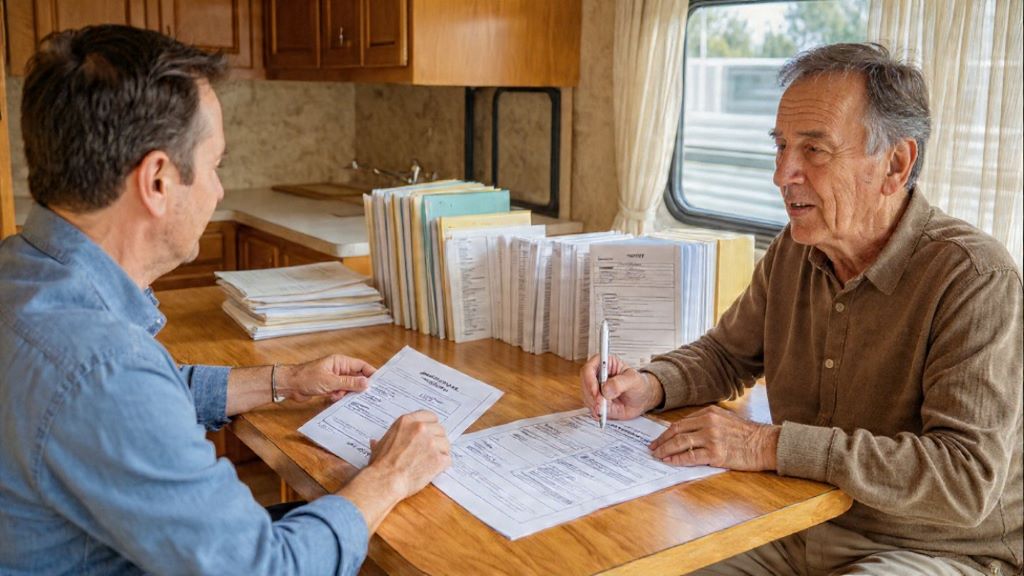 Organized binder containing motorhome maintenance records and service documentation for new RV buyer