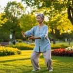 Senior woman practicing gentle tai chi movements outdoors in a park for arthritis relief and balance training