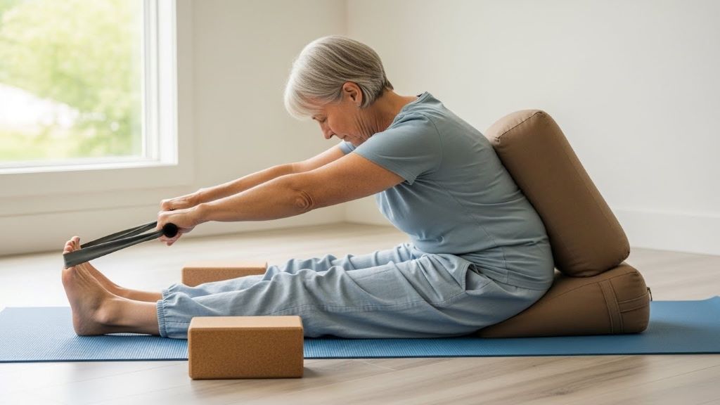 Person with arthritis doing modified yoga pose on mat with props for joint-friendly exercise and flexibility improvement