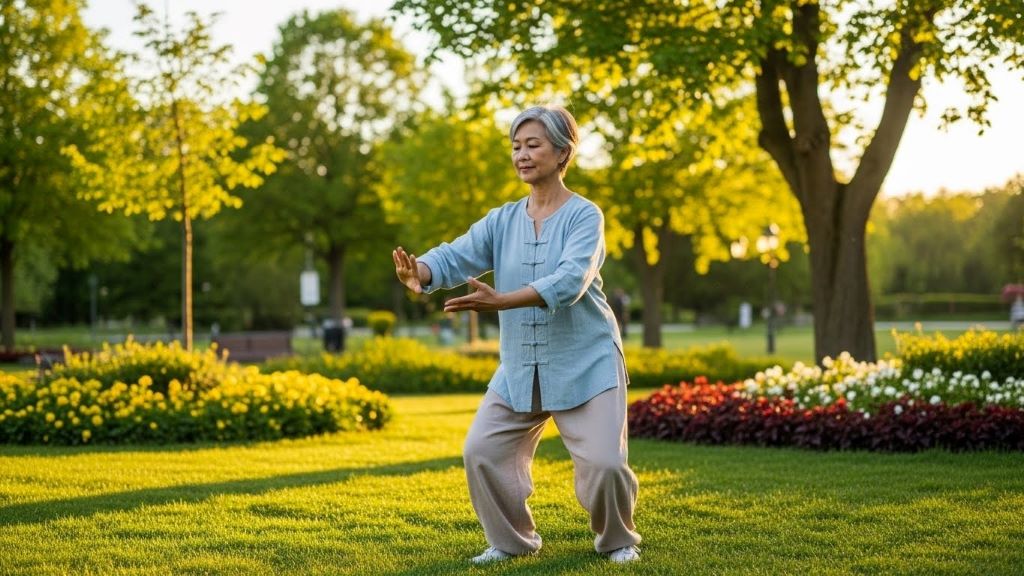 Senior woman practicing gentle tai chi movements outdoors in a park for arthritis relief and balance training