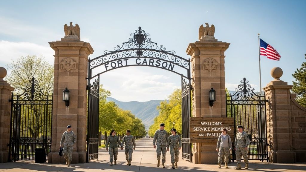 Historic military installation entrance gate in Colorado Springs welcoming service members and families