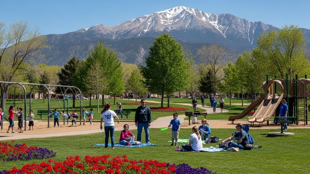 Military families enjoying outdoor activities at Colorado Springs park with Pikes Peak mountain backdrop