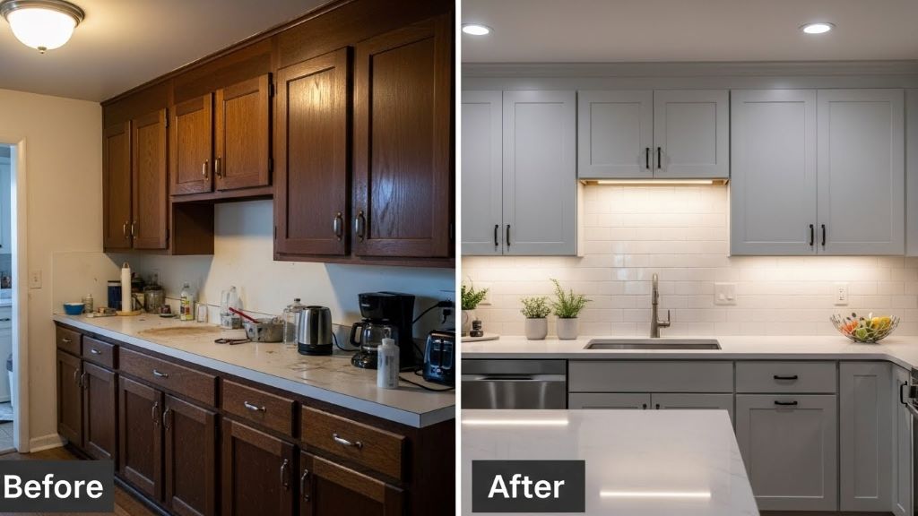 DIY kitchen renovation showing before and after comparison with painted cabinets, new hardware, subway tile backsplash, and improved lighting