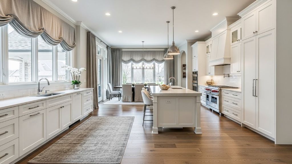 Modern open concept kitchen with white cabinets, wood flooring, and soundproofing features including area rug and fabric window treatments