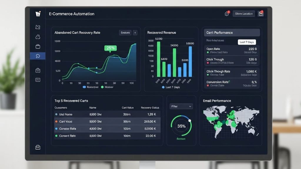 E-commerce automation dashboard displaying cart recovery metrics and email performance analytics for Shopify stores