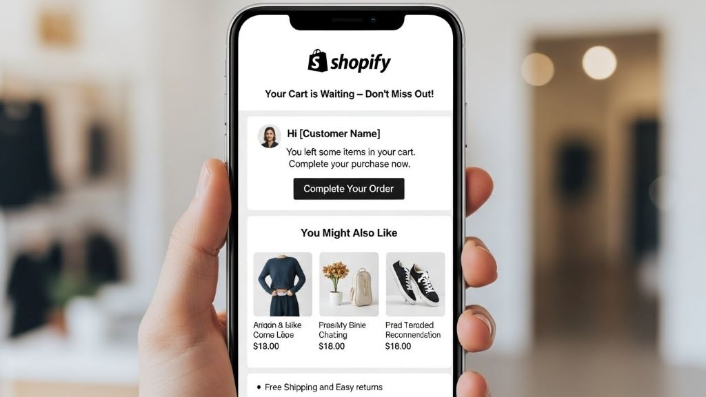 Shopify abandoned cart recovery email example showing deep-link technology and personalized product recommendations