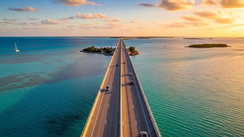 Scenic view of Overseas Highway US-1 connecting Miami to Key Largo with turquoise waters on both sides
