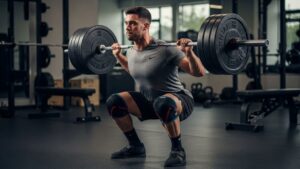 Athlete performing controlled eccentric squat descent with proper form and technique