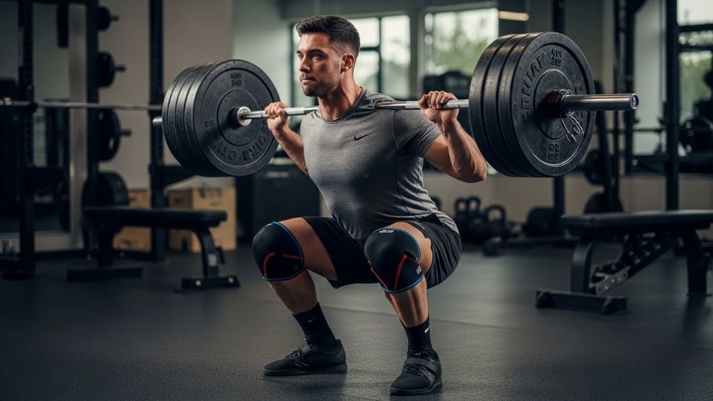 Athlete performing controlled eccentric squat descent with proper form and technique