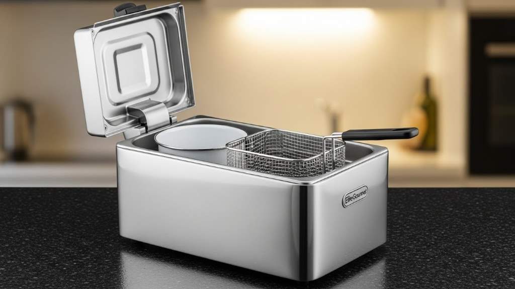 Elite Gourmet EDF2100 deep fryer Stainless steel exterior with lid open