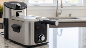Elite Gourmet EDF2100 deep fryer on kitchen counter.
