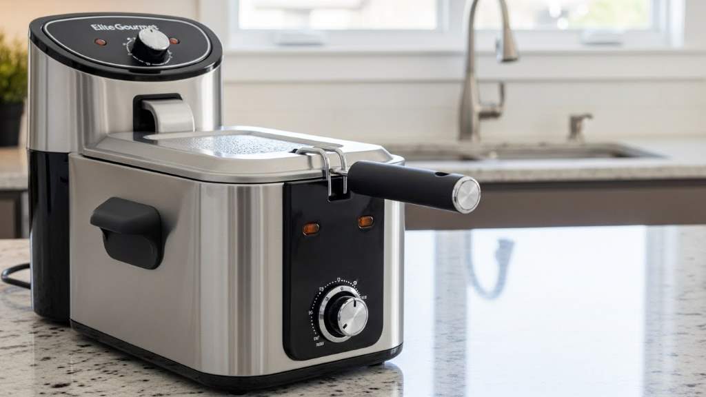 Elite Gourmet EDF2100 deep fryer on kitchen counter.