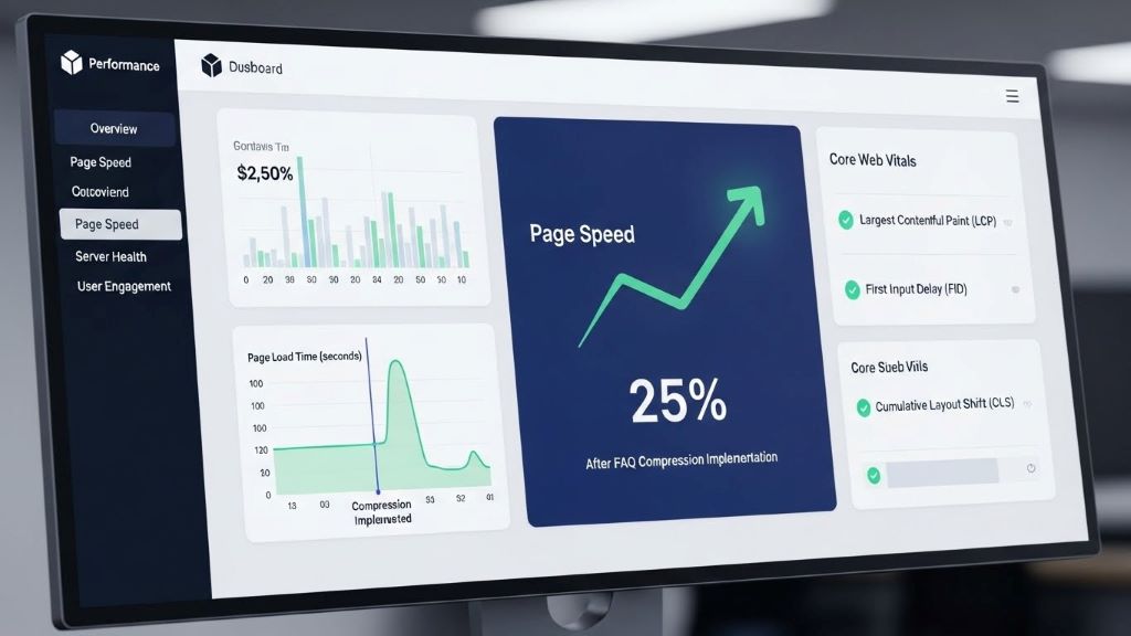 Website performance dashboard displaying improved page speed metrics after FAQ compression implementation